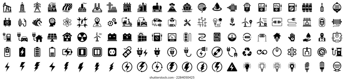 Juego de vectores de iconos de electricidad. Conjunto de iconos de línea delgada de energía verde