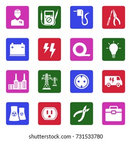 Electricity Icons. White Flat Design In Square. Vector Illustration. 