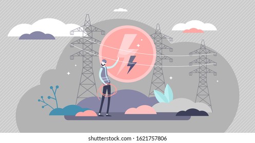 Electricity industry concept, flat tiny electrician worker person vector illustration with electrical poles and cables. Circle lightning symbol sign. Abstract green renewable energy infrastructure.