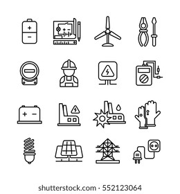 Electricity Industry, Electrical Engineering Vector Line Icons. Energy Power Electrical Industry, Building Electrical Station Illustration