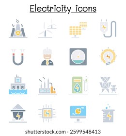 Electricity industry icon set in flat color style