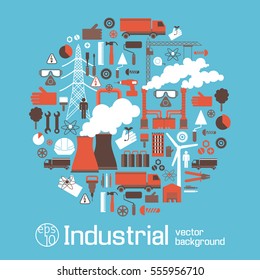 Electricity industry icons round set with windmills chimneys trucks crane working instrument flat vector illustration 