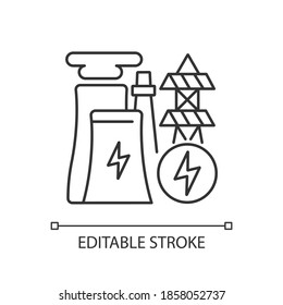 Lineares Symbol der Elektrizitätsindustrie. Elektroenergie. Erneuerbare Energiequellen und Mikroenergieressourcen. Dünne, anpassbare Illustration. Contour-Symbol. Vektor-einzelne Rahmenzeichnung. Bearbeitbarer Hub