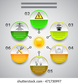 Electricity infographics. Arrows with tools in circle around the sun, vector template