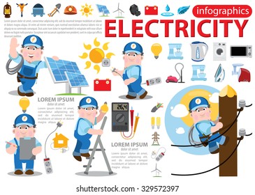 Electricity infographics, energetics, professional electrician concept with electric man