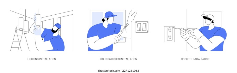 Electricity installation abstract concept vector illustration set. Lighting installation, light switches, contractor plugs socket and lamps in a new home, interior works abstract metaphor.