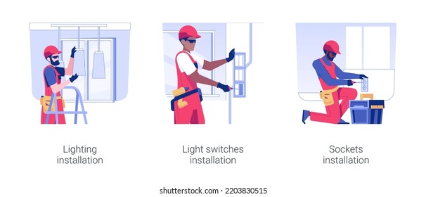 Electricity installation isolated concept vector illustration set. Lighting installation, light switches, contractor plugs socket and lamps in a new home, interior works vector cartoon.