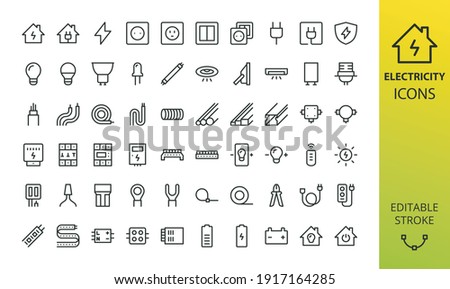 Electricity isolated icon set. Set of home electrification, electrical wire and cable, lightbulb, led lamp, electricity meter, junction box, outlet and switch, extension cord, power strip vector icons