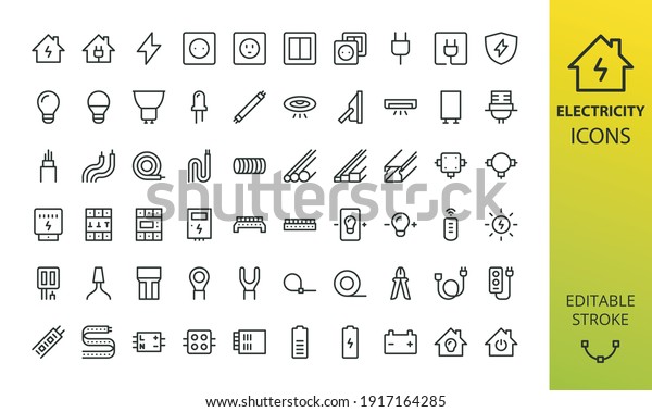 Electricity isolated icon set. Set of home\
electrification, electrical wire and cable, lightbulb, led lamp,\
electricity meter, junction box, outlet and switch, extension cord,\
power strip vector\
icons