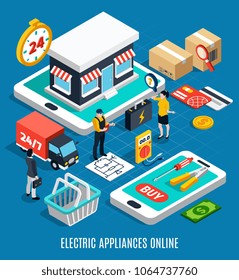 Electricity isometric colored 3d composition with electric appliances online headline 3d style vector illustration 