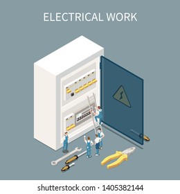 Electricity isometric composition with conceptual images of electrical distribution box switchboard and small characters of workers vector illustration