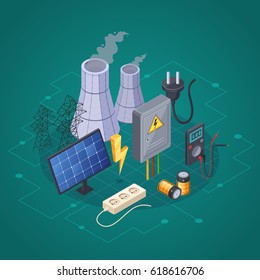 Electricity isometric composition with electric power and energy symbols vector illustration