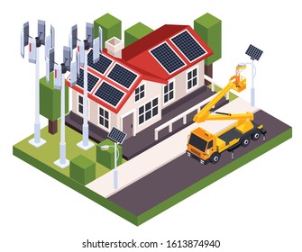 Electricity Isometric Composition With Electrician Replacing Light Bulb In Post With Solar Panel 3d Vector Illustration