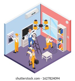 Electricity isometric composition with electricians checking and installing electrical equipment 3d vector illustration