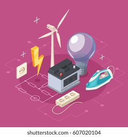 Electricity isometric concept with socket and domestic appliances symbols vector illustration