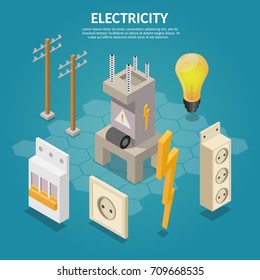 Electricity Isometric Elements Of Transformer, Bulb, Socket, Extension, Switch, Column.