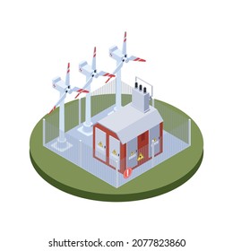 Electricity isometric icons composition with isolated image of wind turbine mill with transformer building vector illustration
