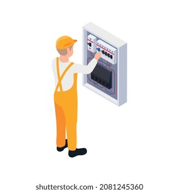 Electricity isometric icons composition with isolated image of electric power panel and character of electrician vector illustration