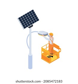 Ikonenkombination der elektrischen Icons mit isoliertem Bild des Elektrikers, der mit der Lampenpost mit der Vektorgrafik der Solarbatterie arbeitet