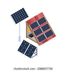 Electricity Isometric Icons Composition With Isolated Image Of Solar Batteries Set With Roof Section Vector Illustration