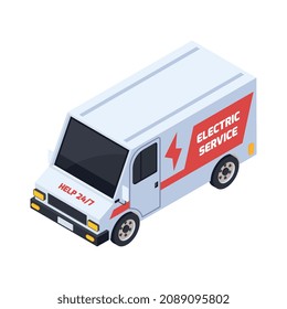 Electricity isometric icons composition with isolated image of branded electric service van vector illustration
