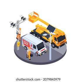 Electricity isometric icons composition with view of working electricians brigade with poles and crane truck vector illustration