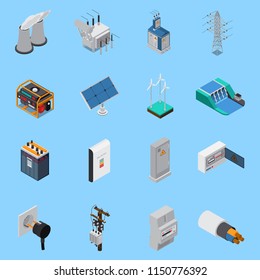 Electricity isometric icons set with cable solar panels wind hydro power generators transformer socket isolated vector illustration  