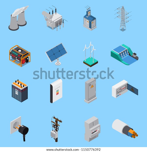 Electricity isometric icons set with cable solar panels\
wind hydro power generators transformer socket isolated vector\
illustration  