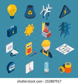 Electricity Isometric Icons Set With Lightbulb Windmill Electrician Toolbox Isolated Vector Illustration