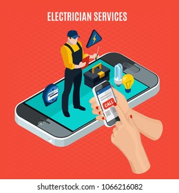 Electricity isometric red composition with electrician services description and call a professional electrician via smartphone vector illustration