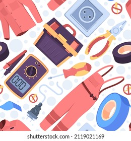 Electricity items pattern. Professional repairing tools for electrician engineers voltage meters power screwdrivers garish vector seamless background