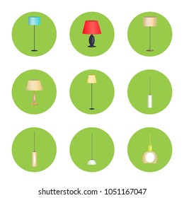 Electricity lamps isolated in green circles set, vector illustration standard-lamps, different form lamps, light bulbs, varied shape stands and covers