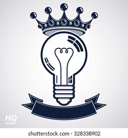 Electricity light bulb symbol with crown, insight emblem. Vector royal conceptual icon. Best idea award icon with curvy ribbon. Brilliant idea graphic web design element.