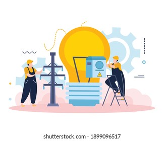 Electricity and lighting flat background composition with characters of electricians with power line gear and lamp vector illustration