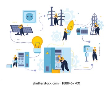 Electricity and lighting flat composition with characters of electrical fitters with power panels and infrastructure elements vector illustration