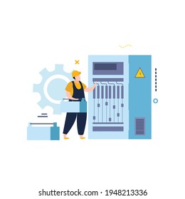 Electricity and lighting flat icons composition with character of electrician fixing power supply cabinet vector illustration