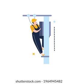 Electricity and lighting flat icons composition with character of electrician climbing up the power line pole vector illustration