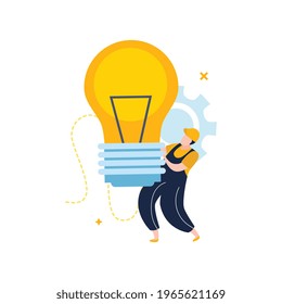 Electricity and lighting flat icons composition with character of electrician holding big lamp bulb vector illustration