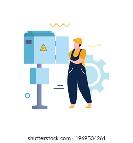 Electricity and lighting flat icons composition with character of electrician with power control box on pole vector illustration