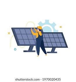 Electricity and lighting flat icons composition with character of electrician near solar batteries vector illustration