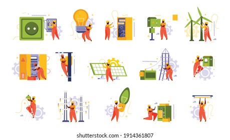 Electricity and lighting flat recolor set of isolated icons with domestic sockets light bulbs and workers vector illustration