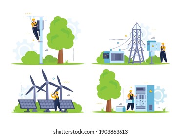 Electricity and lighting flat set of isolated compositions with outdoor scenery power panels lines and people vector illustration