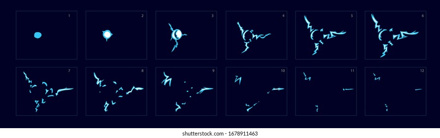 Electricity lightning animation, Electricity effect animation.  frames sprite sheet for games, cartoon or video. Electricity thunderbolt danger, light electric powerful thunder bolt - Vector
