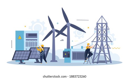 Electricity and lightning flat composition with power lines solar batteries and wind turbines with worker characters vector illustration