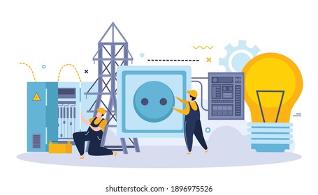 Electricity and lightning flat composition with two worker characters with socket lamp bulb and power lines vector illustration