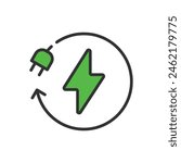 Electricity, in line design, green. Electricity, Power, Energy, Voltage, Current, Electric, Circuit on white background vector. Electricity editable stroke icon.