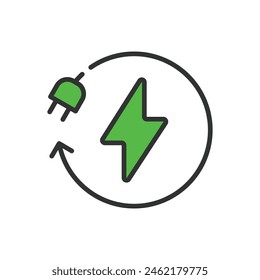 Electricity, in line design, green. Electricity, Power, Energy, Voltage, Current, Electric, Circuit on white background vector. Electricity editable stroke icon.