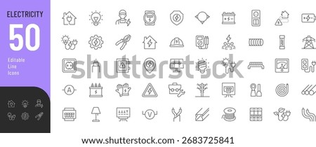 
Electricity Line Editable Icons set. Vector illustration in modern thin line style of electrical energy related icons: electricity meter, electric cable, electrical panel, and more. 