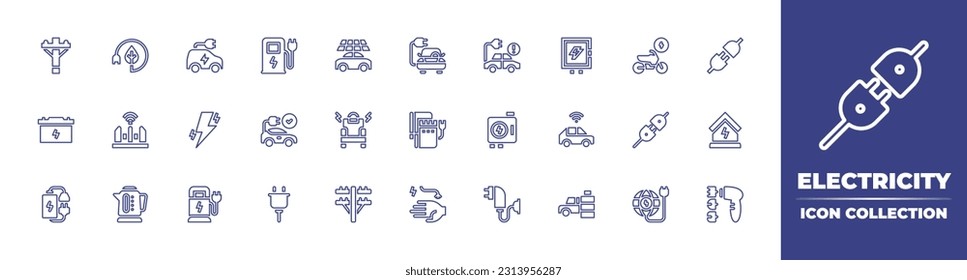 Electricity line icon collection. Editable stroke. Vector illustration. Containing electric pole, energy saving, electric car, charging station, electric panel, electric motorcycle, plug, car battery.