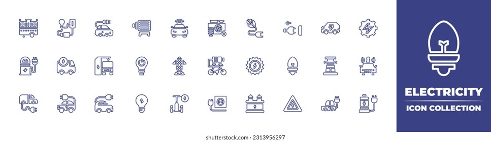 Electricity line icon collection. Editable stroke. Vector illustration. Containing electric generator, electrical circuit, electric car, electric motor, electricity, unplug, electric gear.